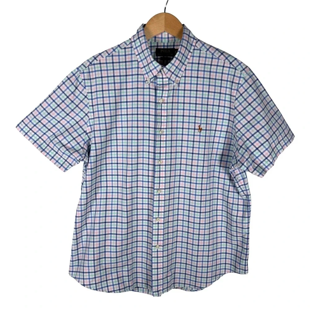 Polo Ralph Lauren Classic Fit Oxford Plaid Short Sleeve Shirt Mens XL Blue